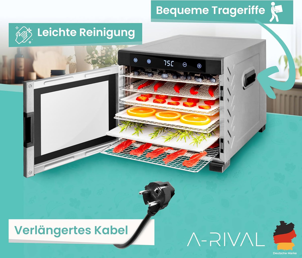 A-rival Dehydrator, Stainless Steel Dehydrator, Touch Control, Professional Dehydrator Stainless Steel, 24 Hour Timer, 6 Drying Trays + 3 Drying Mats, BPA-Free, 35 °C to 75 °C, Quiet Operation, 360°